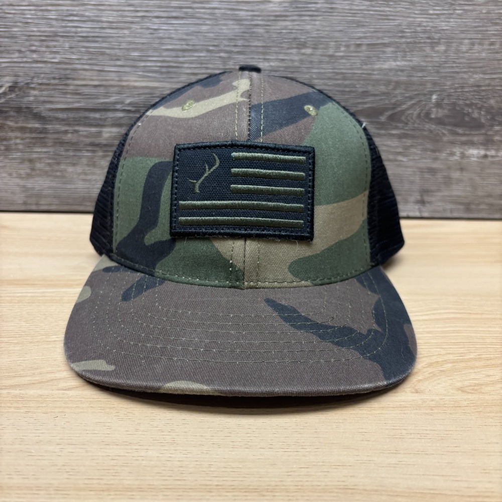 Pladra Hat Cap Snap Back Multi-Color Camo Elk Antler American Flag Trucker
